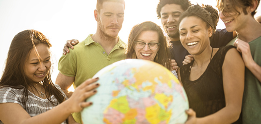 teenagers college student smiling with globe